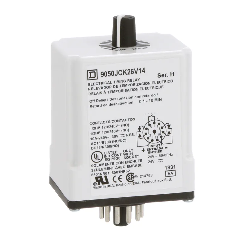 Square D 9050JCK26V14 24 VAC/VDC Coil 10 Amp DPDT Plug-In Socket Mount AC/DC Timing Relay