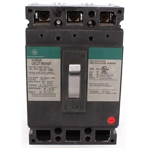 General Electric THED136100WL Type THED Core E High Tier Molded Case Circuit Breaker With Copper/Aluminum Line and Load Lug, 600 VAC, 100 A, 18 kA Interrupt, 3 Poles