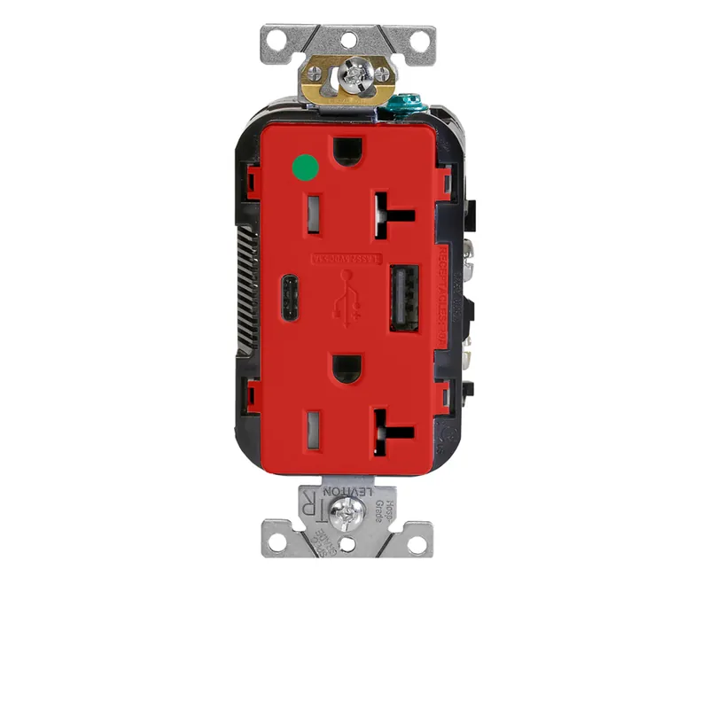 Leviton T5833-HGR Decora Plus Duplex Receptacle Outlet Heavy-Duty Hospital Grade Tamper Resistant with USB One Type A - One Type C USB Port 5.1 Amp Smooth Face 20 Amp 125 Volt Back and Side Wire NEMA 5-20R 2-Pole 3-Wire Self-Grounding Red