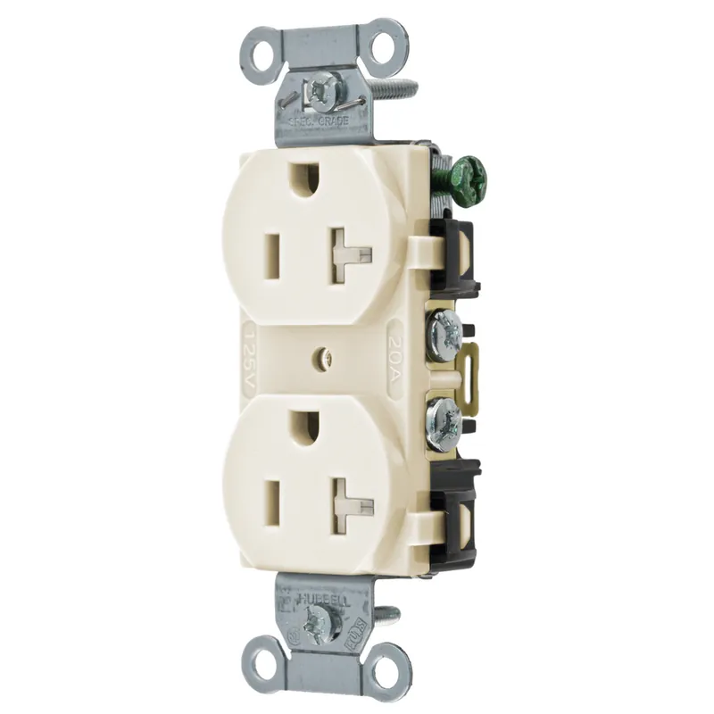 Hubbell Wiring Device-Kellems BR20LATR 20 Amp 125 Volt 2-Pole 3-Wire NEMA 5-20R Light Almond Straight Blade Duplex Receptacle