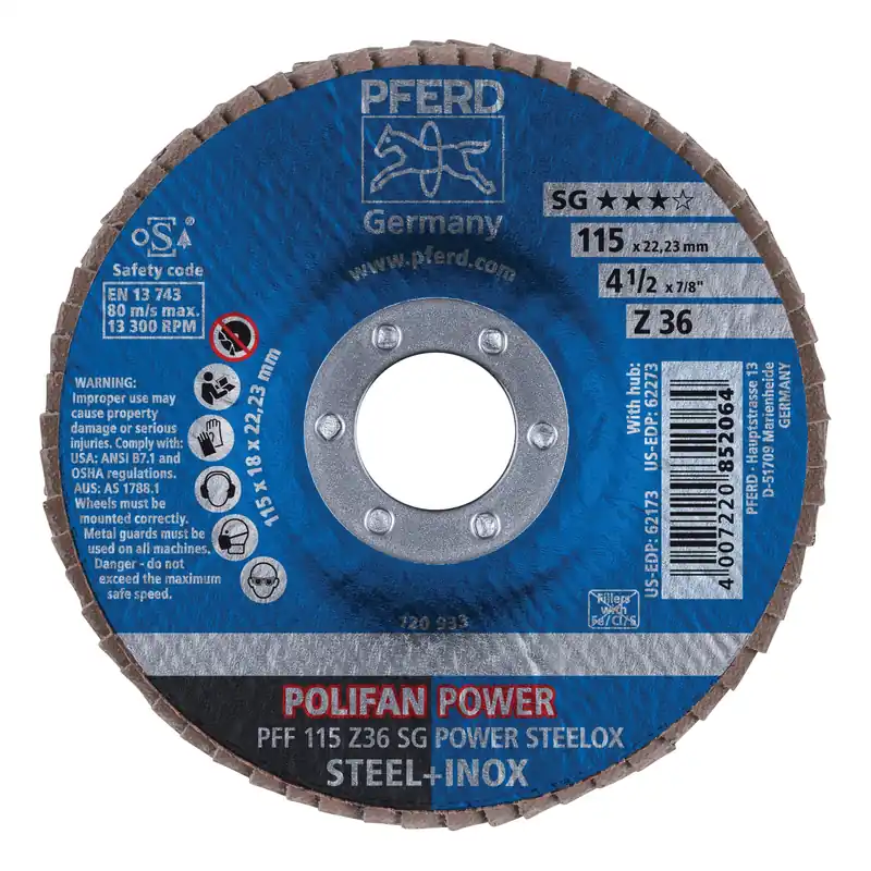 PFERD 62176 Polifan Performance Line SG Z Unthreaded Coated Abrasive Flap Disc, 4-1/2 in Dia, 7/8 in Center Hole, 40 Grit