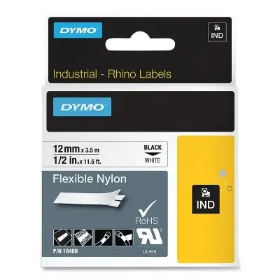 DYMO 18488 Rhino Flexible Nylon Label Tape, 1/2 11.5' Black Print on White