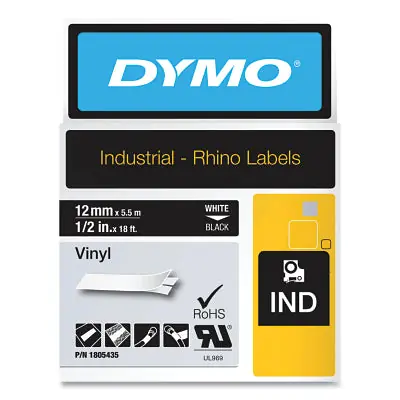DYMO 1805435 Rhino Black Vinyl Tape, 12mm, white Text