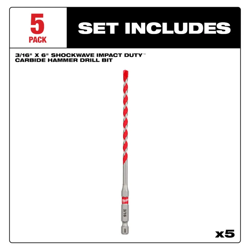 Milwaukee 48-20-9157 3/16 In. Shockwave Carbide Hammer Drill Bits 5Pk