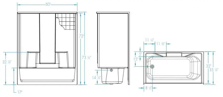 Aquatic 2603CTW-LH-WH Tub and Shower Module 60 inches x 33-1/4 inches x 73-1/4 inches