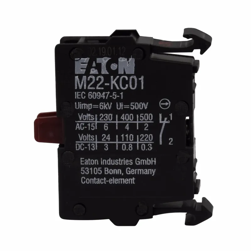 Eaton M22-KC01 22.5 mm 500 VAC 2 Amp 1NC Screw Terminal Silver Push Button Contact Block