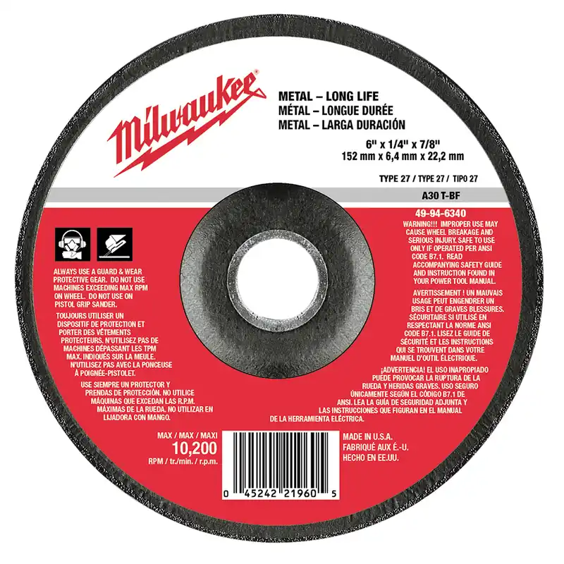 Milwaukee 49-94-6340 Type 27 Grinding Wheel 6 In. x 1/4 In. x 7/8 In.