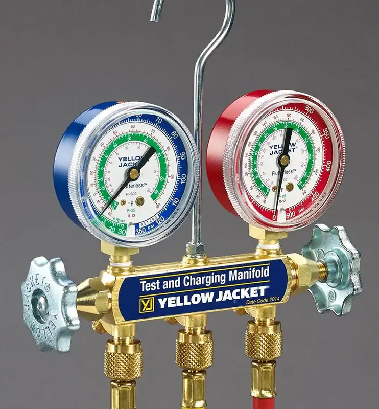 Ritchie Engineering 41202 R-22/R-134A/R-404A, Forged, Solid Brass, 2-Valve, Refrigeration Charging Manifold with 2-1/2 Steel Case Gauge