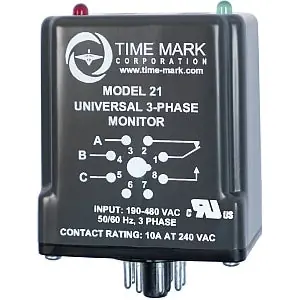 Time Mark 21 3-Phase Automatic Reset Monitor with Adjustable Trip, Restart Delay, 190 to 480 VAC, 8 Pins, SPDT