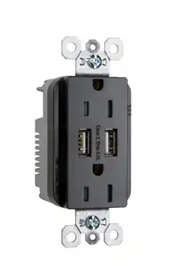 Pass & Seymour TR5262USBBK Fed Spec Grade USB Charger with Tamper Resistant Black 15 Amp Duplex Receptacles