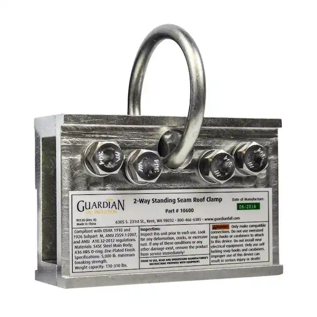 Guardian Fall Protection 10600 2-Way Standing Seam Roof Clamp, Galvanized Steel
