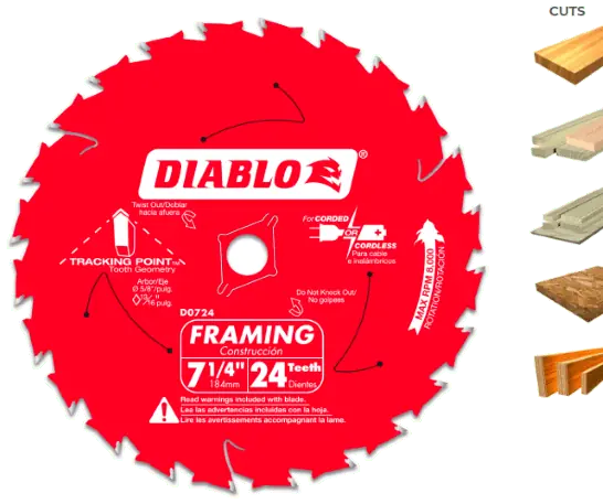 Diablo D0724A Framing Saw Blade, 7-1/4 Inch Diameter, 24 Teeth