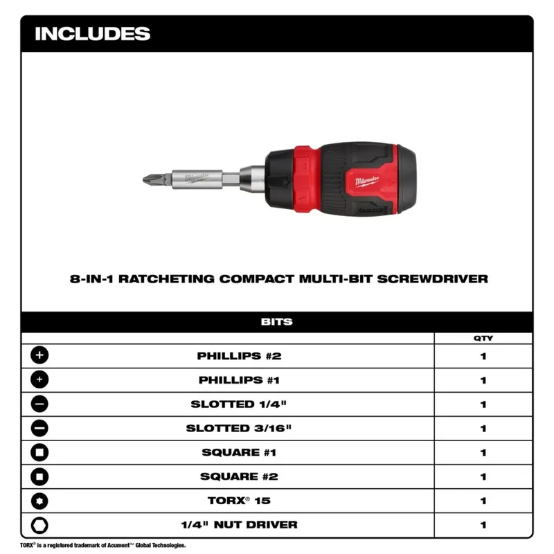Milwaukee 48-22-2913 8-in-1 Ratcheting Compact Multi-Bit Screwdriver