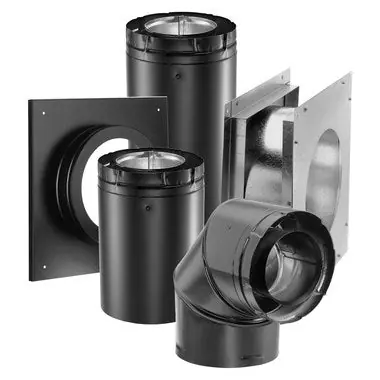 Duravent 46DVA-KHC Vent Kit Horizontal less Cap for Direct-Vent Classic Cast Iron Gas Stove Includes 90 DEG Elbow Wall Thimble Ceiling Support/Wall Thimble Cover 24INL Black Pipe 8-1/2In Black Pipe Extension
